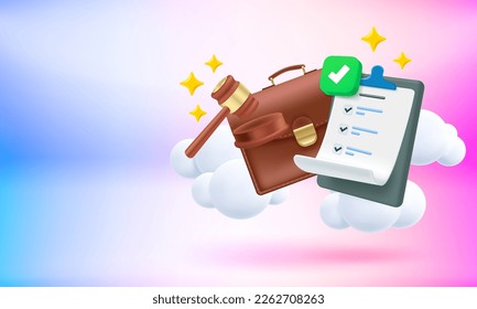 Judicial hammer, briefcase and verdict with checkmark. 3d vector banner with copy space