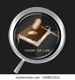 Judicial hammer with stand, book with metal corners, magnifying glass - black background - vector. Court of law