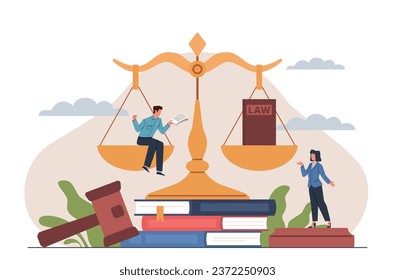 Judicial people. Flat scales of Justice with law book on same bowl and system representative on other, balance weight, tiny man and woman, judge and lawyer, cartoon nowaday vector concept