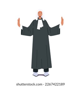 Judicial Person Wearing Black Robe And White Collar with Serious Face Expression Isolated On A White Background. Symbol Of Law, Justice, And Order In Court Of Law. Cartoon People Vector Illustration