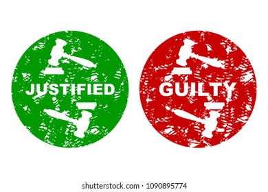 Judicial press rubber stamp guilty and justified. Not guilt grunge insignia, label seal guilty, judicial verdict stamp, vector illustration