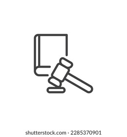 Icono de línea de procedimientos judiciales. signo de estilo lineal para concepto móvil y diseño web. Icono vectorial del contorno del libro de leyes y del gavel. Símbolo, ilustración del logotipo. Gráficos vectoriales