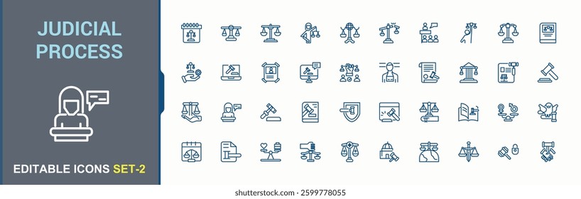 Judicial Process icon collection. It contains symbols to law, lawyer, judge, crime, courthouse and more. Justice modern icon. Minimal linear icons. Editable vector illustration.