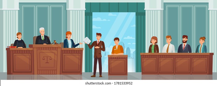 Judicial process. Public hearing and criminal procedure in court or tribunal with judges, lawyer and jury. Courtroom interior vector concept. Attorney giving speech to judge, convict sitting