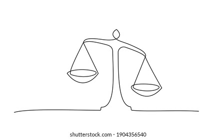 Judicial scales on white background. Continuous one line drawing. Vector illustration.