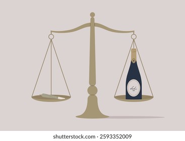 Judicial Scales weighing a roll of cannabis against a luxurious bottle of alcohol, embodying the contrast between these two recreational substances