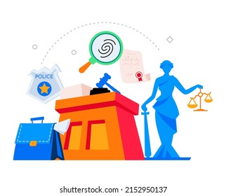 Judicial System And Accusations - Modern Colored Vector Poster On White Background With Courtroom, Scales Of Justice Statue, Police Badge, Lawyer Briefcase And Evidence Fingerprint. Law And Order Idea