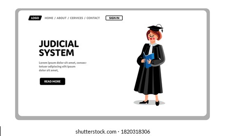 Judicial System Government Institution Vector. Judge Woman Judicial System Worker In Uniform Mantle And Hat Hold Law Book Constitution. Character Dispute Resolution Job Web Flat Cartoon Illustration