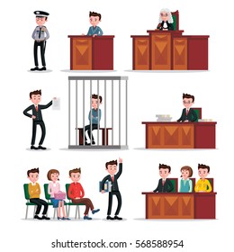 Judicial system icons set of judge lawyers policeman witnesses defendant and jury isolated vector illustration