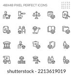 Judicial System. Law and Justice. Court Sitting, Legal Services. Vector Line Icons Set. Editable Stroke. 48x48 Pixel Perfect.