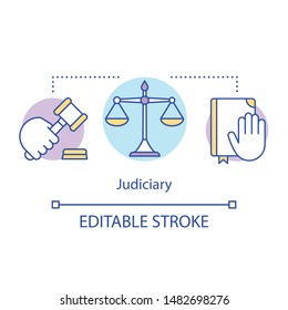 Judiciary concept icon. Law idea thin line illustration. National court of judicial system. Application of laws and rights on local and national level. Vector isolated outline drawing. Editable stroke