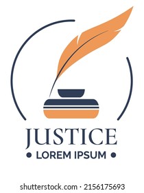 Judiciary system and justice, law firm helping to solve matters. Company with lawyers and attorneys assisting in case closure. Ink and feather emblem or label, badge or logotype. Vector in flat style