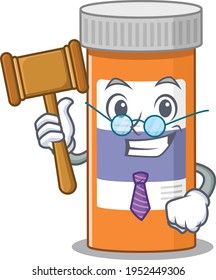 A judicious judge of pills drug bottle caricature concept wearing glasses. Vector illustration