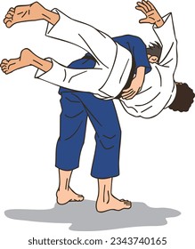 Judo athletes having a match (o-goshi)