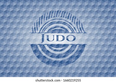 Judo blue emblem with geometric pattern background. Vector Illustration. Detailed.