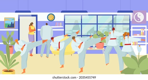 Judo class, vector illustration. Man woman people character at taekwondo training, sport with martial exercise. Karate fighter practised in uniform,