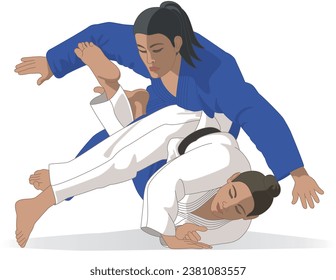 judo competition with two female athletes in take down isolated on a white background