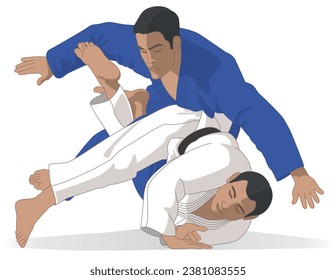 judo competition with two male athletes in take down isolated on a white background