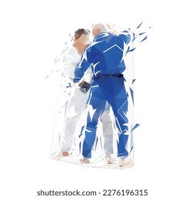 Judo Wettbewerb, zwei Männer in Keikogi. Low-Poly-Vektorgrafik aus Dreiecken. Moderne jamapesische Kunst