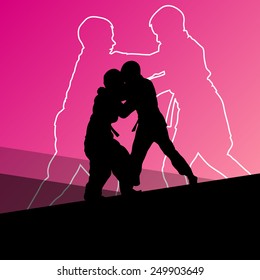 Judo fight active young boy martial arts sport silhouettes abstract background illustration vector