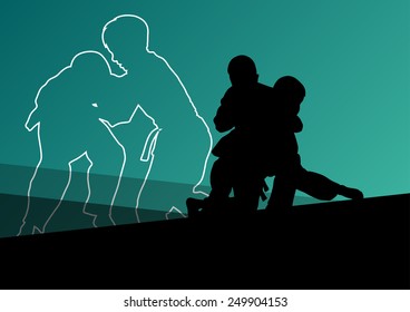 Judo fight active young boy martial arts sport silhouettes abstract background illustration vector