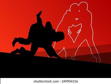 Judo fight active young boy martial arts sport silhouettes abstract background illustration vector