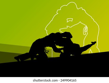 Judo fight active young boy martial arts sport silhouettes abstract background illustration vector