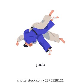 Judo kämpfen, kämpfen. Japan Kampfkunst, Ringkampf. Japanische Sportler kämpfen, Sportturnier. Wrestler-Gegner angreifen auf Konkurrenz. Flache Vektorgrafik einzeln auf weißem Hintergrund