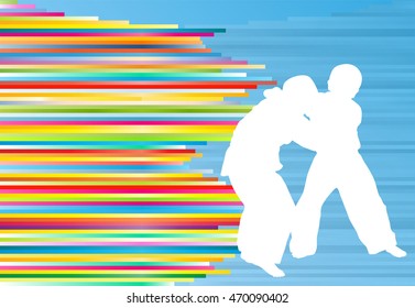 Judo fight boy vector background abstract illustration with colorful stripes on blue