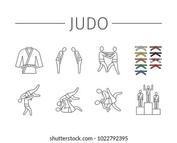 Judo fighters line icons. Vector sports signs.