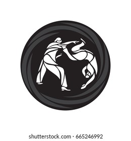 Judo fighters round pictogram or logo. Martial arts icon