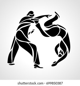 Judo fighters round pictogram or logo. Martial arts icon