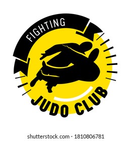 Judo Fighting Club Banner, Martial Arts School Label with Fighters Black Silhouettes and Typography Isolated on White Background. Emblem for Combat Classes, Design Element. Vector Illustration, Icon
