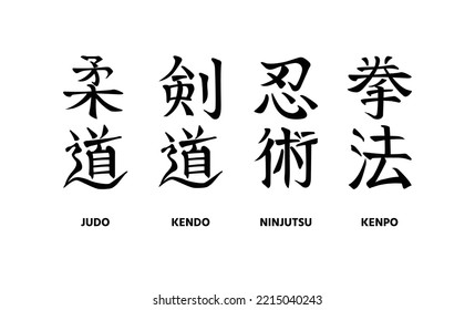 Judo, Kendo, Ninjutsu, Kenpo. Collection of editable calligraphic names of Japanese martial arts. Simple modern vertical hieroglyphs for embroidery, logo, emblem, badge, poster