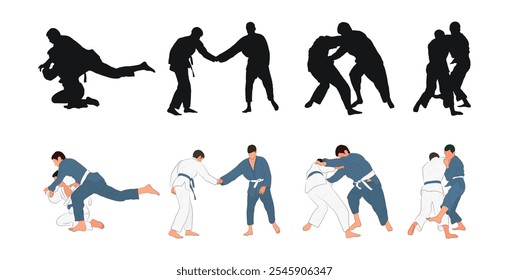 Judo, martial art, silhouettes of judokas, flat, set, 