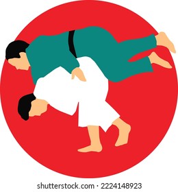 Practicantes de judo luchando frente a una bandera de Japón