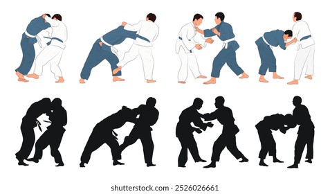 Judo set silhouettes on white background. Different action, pose. Martial arts, jiu jitsu, sport