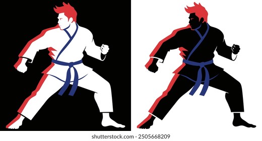 Judo Silhouette Symbol Vektor. Schwarz-weiße Vektorsymbole von Menschen, die sich mit Judo beschäftigen. Erfassung der Intensität des Kampfsporttrainings.