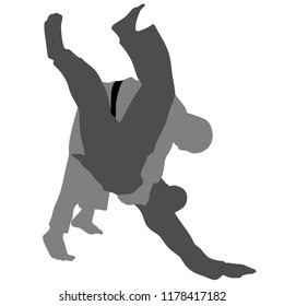 Judo, Silhouette on the White Background