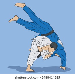 Judo sport action cartoon vector. Two Jiu Jitsu athletes are competing
