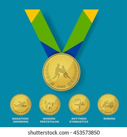 Judo sport icon on gold medal award with Brazilian color theme designed ribbon with isolate marathon swimming, modern pentathlon, rhythmic gymnastics and rowing sport icons for Brazil summer game