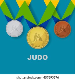 Judo sport icon on medal award set with Brazilian color theme designed of ribbon in vector illustration 