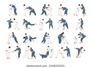 Judo-Sport, Kampfkunst, Silhouetten von Judokas, flach, Set, viele