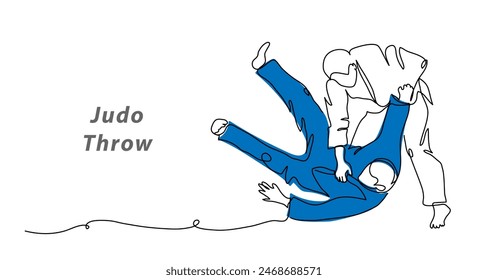 Judo lanzar fondo de Vector, Anuncio, cartel. Una línea continua de arte dibujo ilustración de Judo deporte