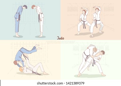 Judo training, young students in kimono bow down, practicing footboard and throw, oriental martial arts banner
