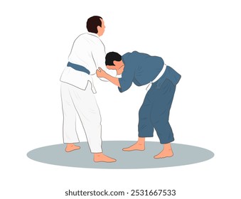 Judo, two male fighters. Action of judo athlete throwing the opponent during fight 