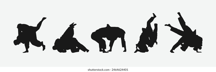 Judo vector set silhouettes on white background. Different action, pose. Martial arts, jiu jitsu, sport. Graphic illustration.