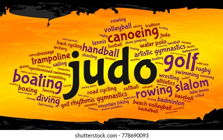 Judo. Word cloud, cool design, gold background. Summer sports.