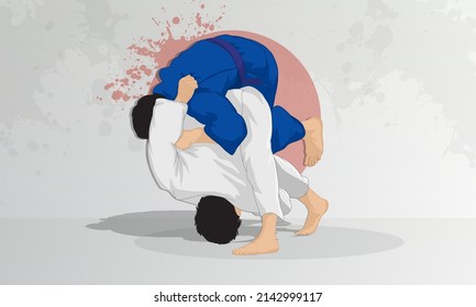 A judo wrestling athlete makes a throw through the hip.