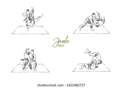 Judo, young athletes in kimono training, sparring practice, combat exercise, self defence class banner. Oriental martial arts, sport activity concept sketch. Hand drawn vector illustration